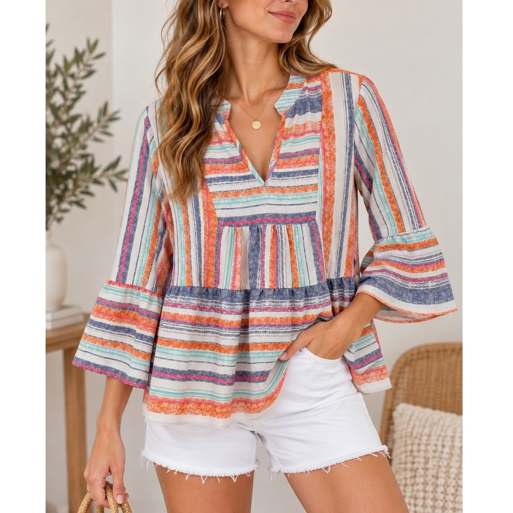 Entro Boho Striped Bell Sleeve Tiered Peplum Blouse Size Medium V-Neck Top
